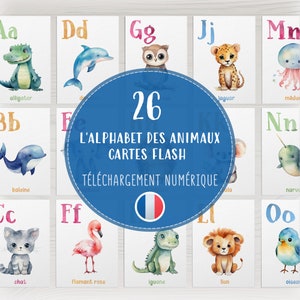 Alphabet français à télécharger au format PDF, cartes mémoire ABC animaux mignons, cartes éducatives aquarelles pour enfants, outil d'apprentissage préscolaire, ressources numériques