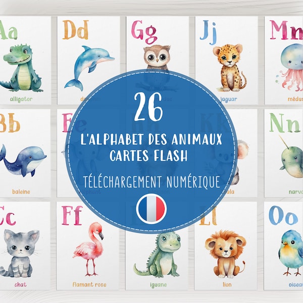 Printable French Alphabet Flashcards, Cute Animal ABCs A4, Watercolor Educational Cards for Kids, Preschool Learning Tool, Digital Download