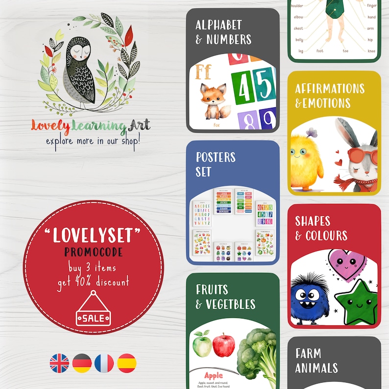 May include: A set of 10 colourful educational posters for children. The posters feature illustrations of animals, shapes, fruits, vegetables, letters, numbers, and more. The posters are designed to help children learn about the world around them. The posters are available in a variety of languages.