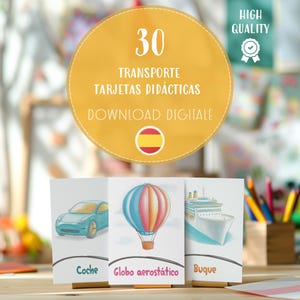 Spanish Transport Flashcards for Kids | Printable Vehicles Learning Cards | Montessori Cars & Trucks | Pencil Draw Flash Cards for Toddlers
