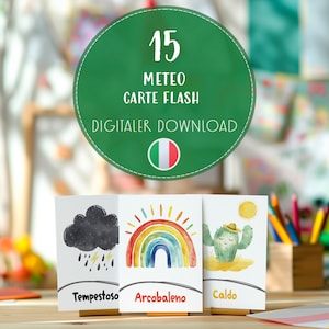 Afdrukbare weerkaarten voor kinderen, aquarel leerklimaatkaarten, educatief hulpmiddel voor kleuters, Italiaanse flashkaarten voor kinderen downloaden