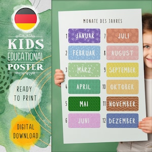 Monate Poster Kinder Deutsch | Jahreszeiten Lernposter | Vorschule Printable