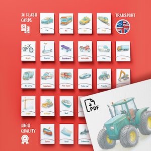 Flashcards transport voor kinderen pdf downloaden, Flash-kaarten voertuig leren, afdrukbare auto's en vrachtwagens, educatief hulpmiddel voor peuters