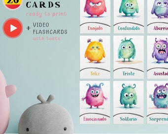 Tarjetas Emociones Acuarela | Flashcards Sentimientos Español | 20 Monstruos Lindos | Terapia Niños PDF