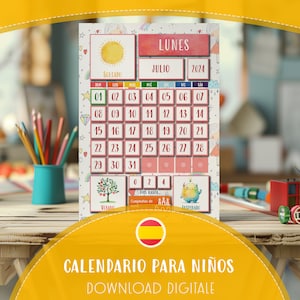 Spanish Montessori School Calendar, Kids Printable Planner, Daily DIY Activity Kit, Interactive Learning for Home & Classroom, Busy Binder