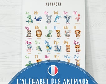 Druckbares Französisches Alphabet Poster mit Tieren - Aquarell ABC Wandkunst für Kinderzimmer, Kinder Dekor, digitaler Download