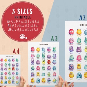 May include: A printable chart featuring watercolour illustrations of monsters with different facial expressions representing various emotions. The chart is available in three sizes: A2 (16.5 x 23.4 inches), A3 (11.7 x 16.5 inches), and A4 (8.3 x 11.7 inches). The German word "Emotionen" is printed at the top of the chart.