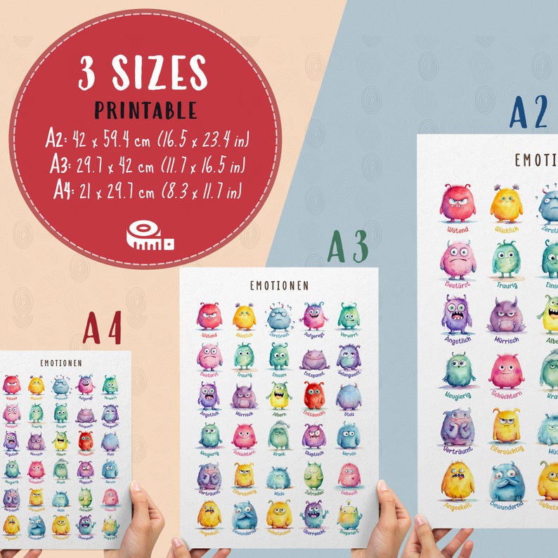 May include: A printable chart featuring watercolour illustrations of monsters with different facial expressions representing various emotions. The chart is available in three sizes: A2 (16.5 x 23.4 inches), A3 (11.7 x 16.5 inches), and A4 (8.3 x 11.7 inches). The German word "Emotionen" is printed at the top of the chart.