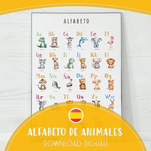 Póster del alfabeto español (descargar PDF), arte mural con acuarela de animales para guardería, decoración educativa para habitación infantil.