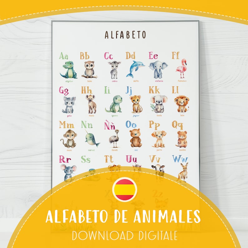 Printable Spanish Alphabet Poster With Animals Watercolor ABC Wall Art