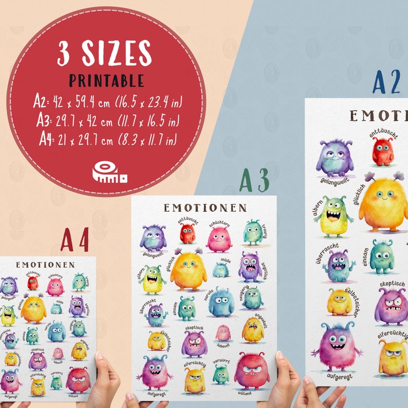 May include: A set of three printable posters featuring colorful monsters with different emotions. The posters are available in three sizes: A2 (16.5 x 23.4 inches), A3 (11.7 x 16.5 inches), and A4 (8.3 x 11.7 inches). The posters are titled "Emotionen" in German, which means "Emotions".