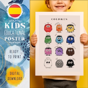 Colores Español Póster - Monstruos Lindos Colores - Material Educativo Niños - Imprimible PDF Preescolar
