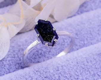 Blue Sunstone Ring, Hexagon Solitaire, Sterling Silver