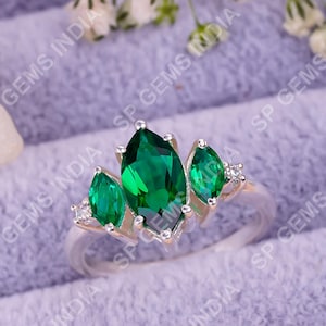 Vintage Emerald Engagement Ring, Natural Emerald Solitaire Ring, Marquise Cut Emerald Halo Ring, Valentines Day Gift For Her