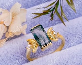 Baguette Moss Agate Ring, Zirconia Accents, Sterling Silver