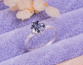 Anillo de cuarzo rutilado, anillo solitario, anillo de rutilo negro natural, anillo de compromiso, anillo de plata, anillo llamativo, anillo de mujer, regalo