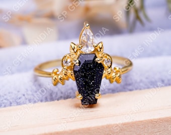Coffin Blue Galaxy Sunstone Ring, Sterling Silver Nebula Engagement Ring