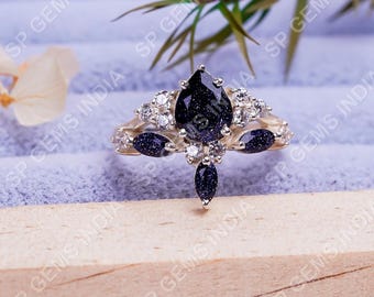 Pear Cut Blue Sunstone Engagement Ring Set, 14K Rose Gold Moissanite Wedding Ring