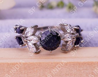 Blue Galaxy Sunstone Ring, Natural Sandstone, Sterling Silver, Anniversary Gift
