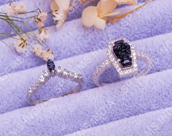 Blue Sandstone Coffin Ring with Band, Gothic Galaxy Stone Ring Set, Celestial Jewelry