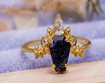 Coffin BlueSunstone   Ring, Sterling Silver Engagement Ring, Personalized Gemstone Jewelry