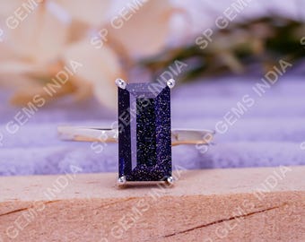 14K Gold Baguette Blue Sunstone Ring, Engagement Gemstone Ring