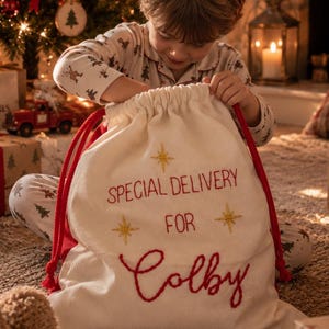 May include: A cream-coloured canvas drawstring bag featuring red embroidered text that reads SPECIAL DELIVERY FOR and the name Colby in a cursive script, accented with gold embroidered starburst designs and thick red rope drawstrings.