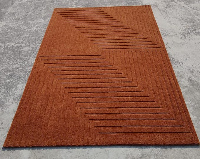 Featured listing image: Contemporary Hand Tufted Rug – Rust Brown Linear Pattern Modern Area Rug personalized gifts soft rug Newzealand wool rug custom rug boho rug