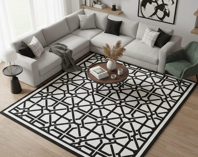 Featured listing image: Hand-Tufted Wool Rug: Black & White Geometric Pattern