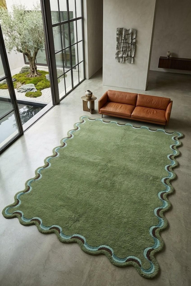 Olive Green Wavy Rug | Hand Tufted Scalloped Edge Area Rug | Funky ...