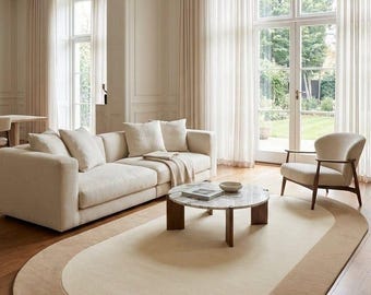 Beige and Cream Oval Rug, Hand Tufted Minimalist Carpet, Neutral Living Room Decor, Custom Pill Shaped Tufted Rug for living room 8x10 9x12
