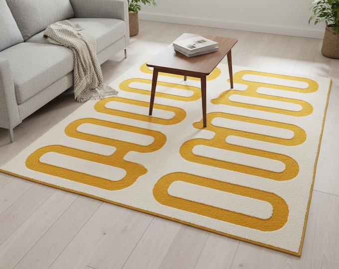 Featured listing image: Tufted Wool Rug: Abstract Mustard Yellow Modern Decor