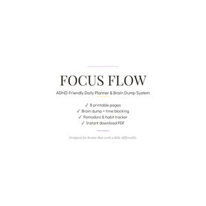 Könnte beinhalten: Ein weißer digitaler Planer namens "FOCUS FLOW" mit lila Akzenten. Der Planer ist für Menschen mit ADHS konzipiert und bietet Funktionen wie Brain-Dumping, Zeitblockierung und einen Pomodoro-Tracker. Er bietet 8 druckbare Seiten und ist als sofortiger PDF-Download verfügbar.