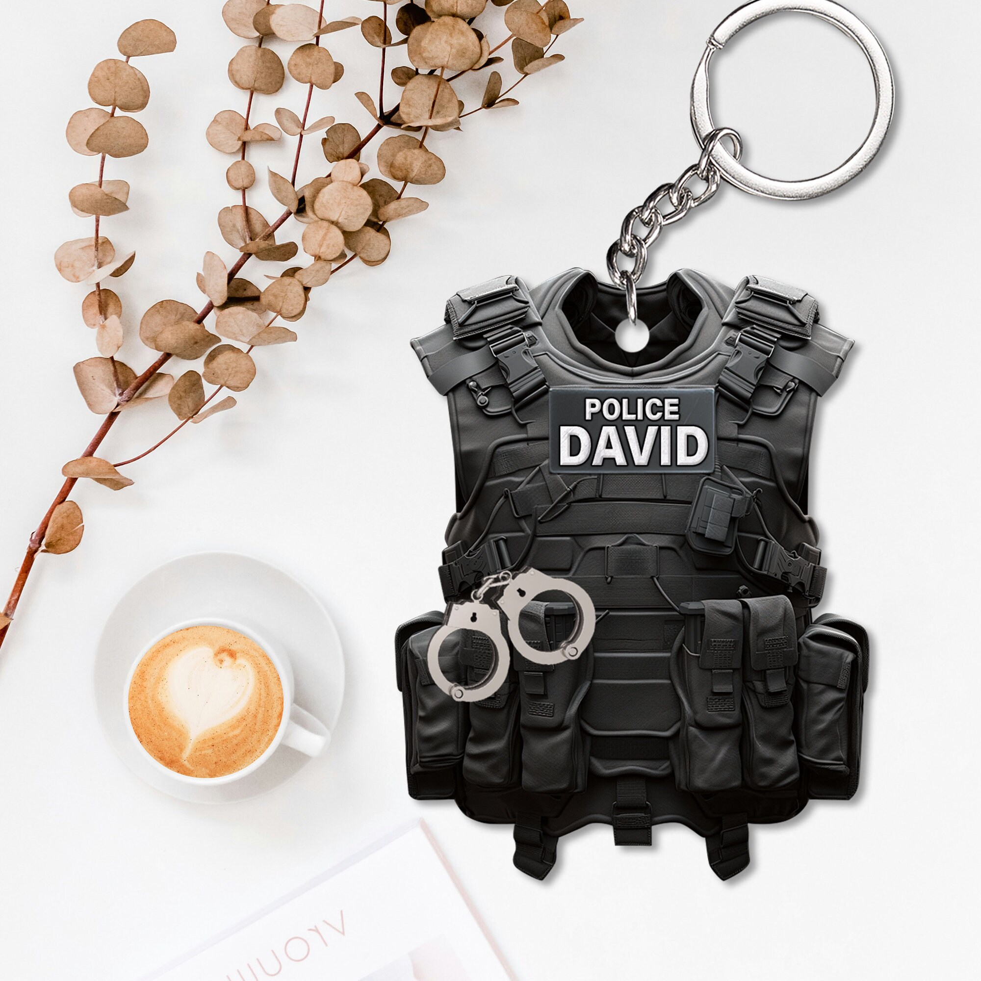 Personalized Police Bulletproof Vest Flat Keychain, Police Keychain
