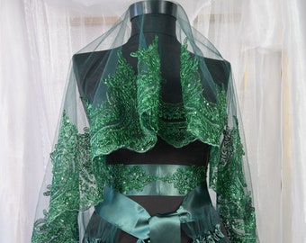 Ensemble de voile de mariée vert - Modèle Sultan - Voile de guipure épais - Accessoire de mariage au henné de nuit, Guipure de dentelle, Bordeaux, Rouge, Blanc, Rouge, Noir