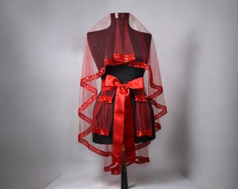 Conjunto de velo de noche de henna roja: cuentas, duvak, kina gecesi de novia turca, cinturón, guantes, velo
