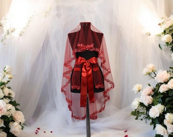 Set di veli da sposa con paillettes rosse: velo da sposa all'henné, velo da sera con perline all'henné, guanti, addio al celibato