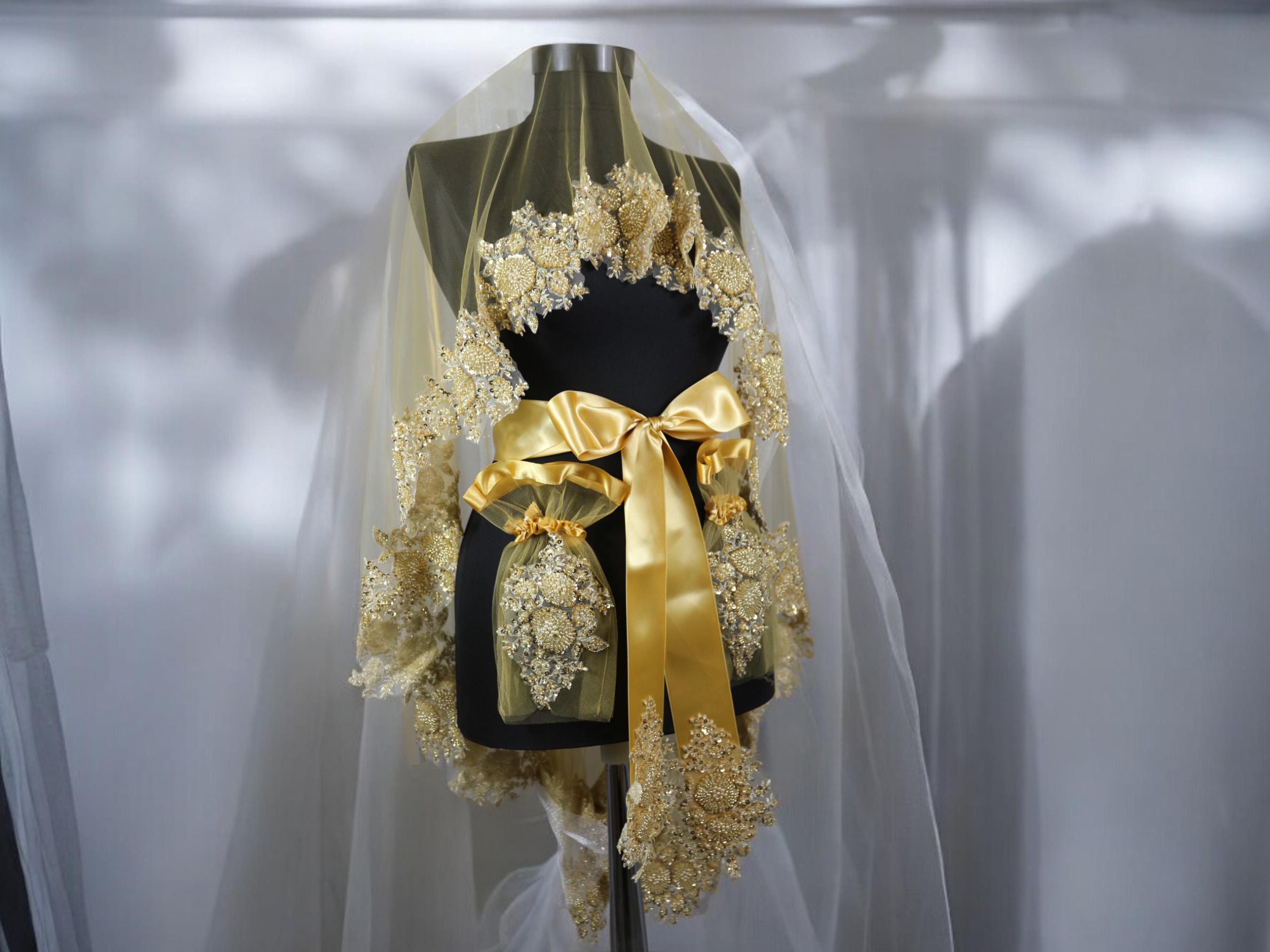 Yellow Bridal Veil Set: Pearl Guipure, Sequined Henna Cover