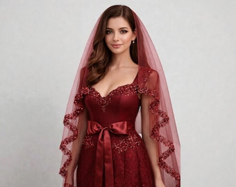 Conjunto de velo de henna rojo: encaje de guipur, cinturón y guantes, Kina Gecesi, Duvak