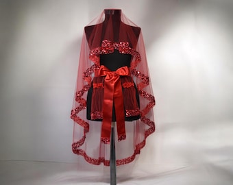 Set di veli da notte con paillettes rosse all'henné: accessori da sposa, guipure in pizzo, velo cinese, cintura