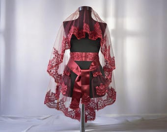 Conjunto de velo de noche de henna burdeos: accesorio de novia turco Kina Gecesi, cinturón, guantes, despedida de soltero