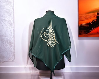 Personalised Green Chiffon Fabric Groom&#39;s Veil and Glove - Gold and Silver Ottoman Monogram Embroidered, Groom&#39;s Veil-Groom&#39;s Wedding Cover