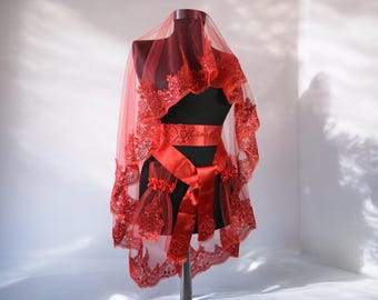 Set di veli da notte all'henné rosso: guipure in pizzo ricamato con perline, accessorio Kina Gecesi, cintura, guanti