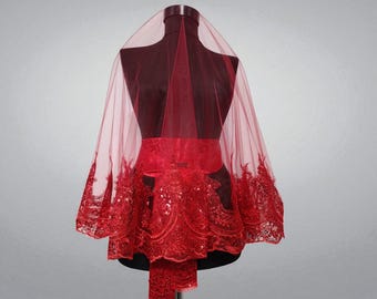 Conjunto de velo de novia rojo: encaje de guipur, kina gecesi turco, cinturón, guantes, accesorio de noche de henna,