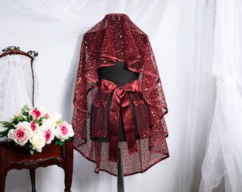 Conjunto de velo de henna con lentejuelas burdeos: Kina Gecesi nupcial, Duvak, cinturón y guantes