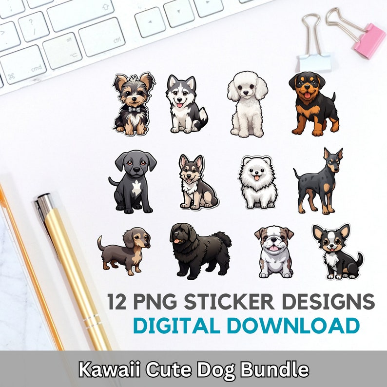 Cute Dog Stickers Bundle, Dog Stickers, 12 Different Designs, Kawaii