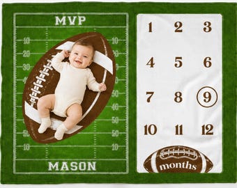 May include: A rectangular milestone blanket featuring a green football field design with the text MVP and MASON. A brown football graphic displays a baby, while a white section lists numbers 1 through 12 with the number 9 circled and months text.