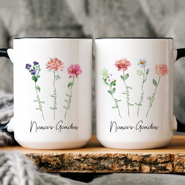 Personalized Gift for Grandma, Grandma's Garden Birth Flower Mug, Family Birth Flower Bouquet, Grandma's Garden with Grandkids Names