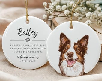 May include: Two white ceramic round ornaments with gold string hangers. One ornament has a dog portrait, the other has the name "Bailey", a paw print, and the text "If love alone could have kept you here, you would have lived forever. In loving memory 2010-2026."