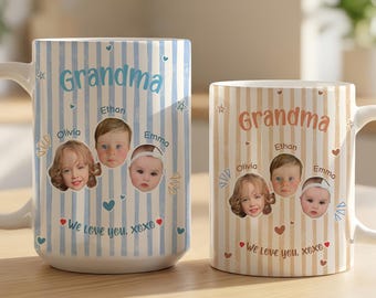 May include: Two white ceramic mugs with a personalized design. One mug has blue stripes and the other has tan stripes. Both mugs feature the word "Grandma", three children's faces, and the phrase "We love you xoxo".